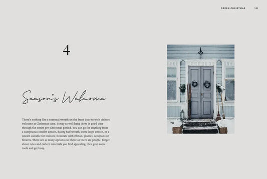 Advertisement for Christmas decorations with a door and wreaths on a gray background