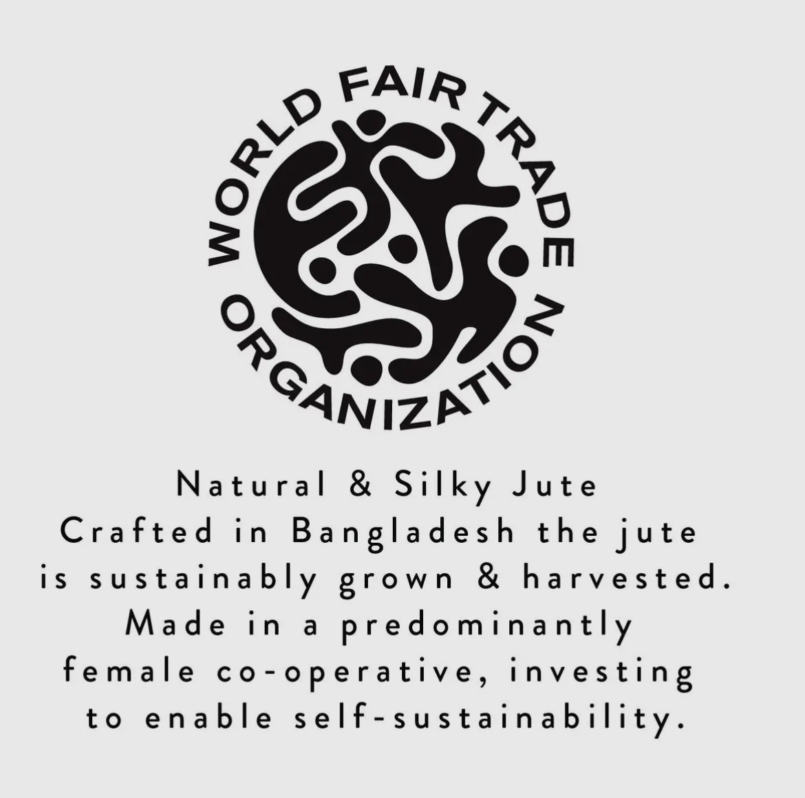 World Fair Trade Organization logo on a light gray background with text about jute production.