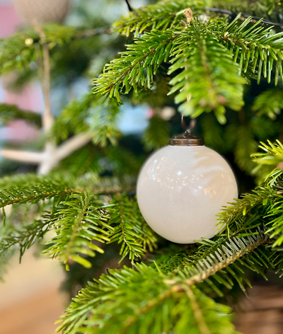 White ornament hanging on a green Christmas tree branch