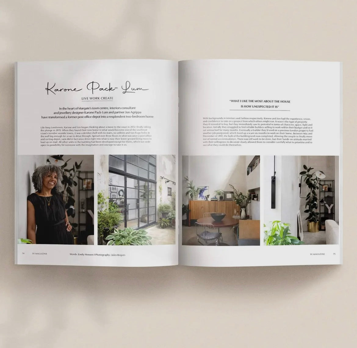 Open book with interior design content and images of a woman and a living room.