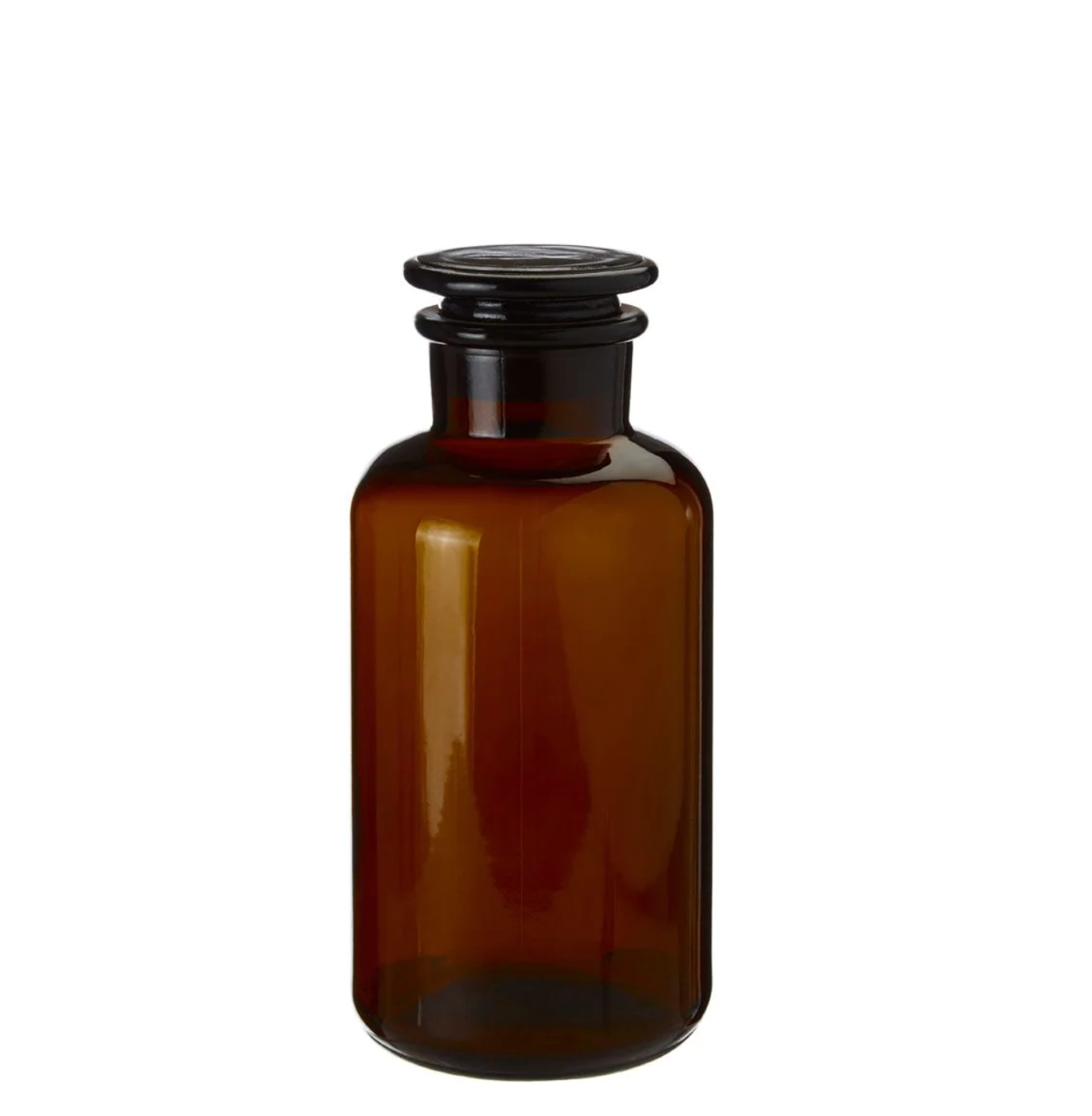 Apothecary Bottle Storage Jar with black cap on a white background
