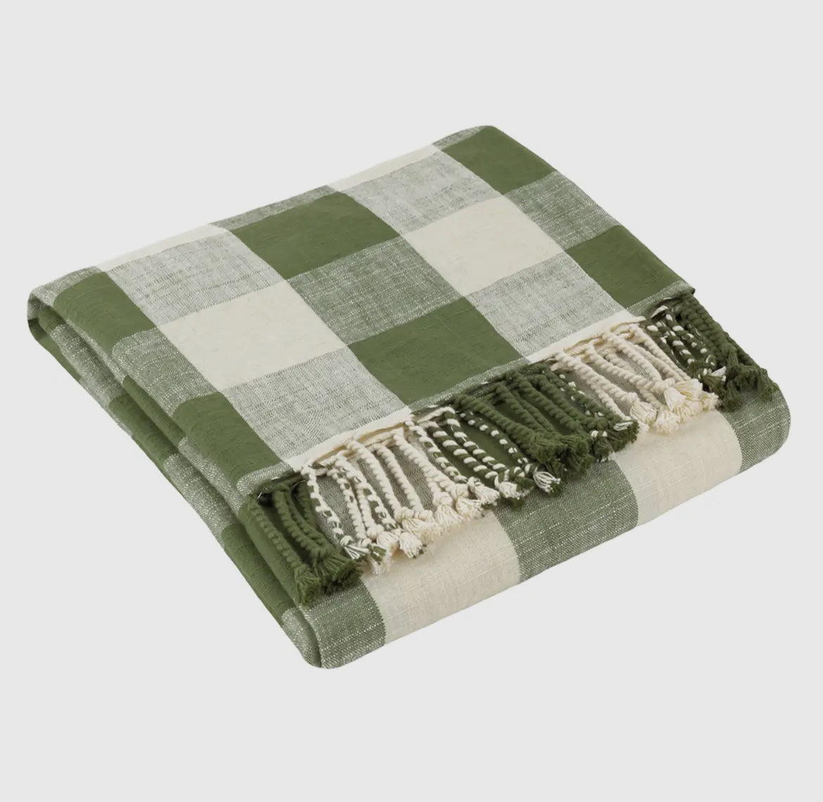 Green and white checkered throw with fringes on a light gray background