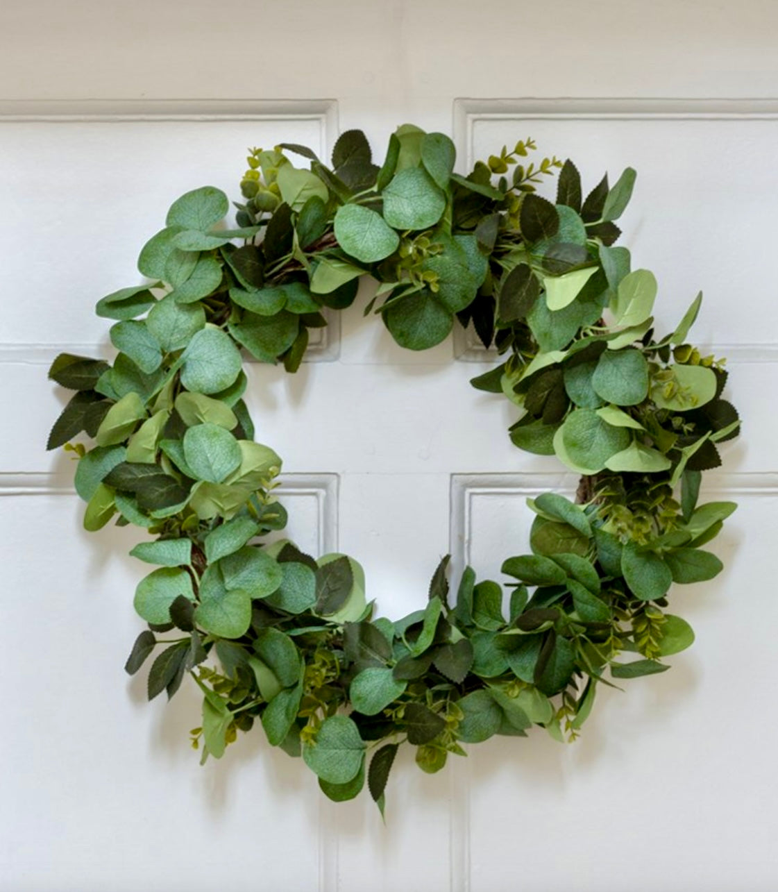 Eucalyptus & Rose Leaf Wreath on a white door