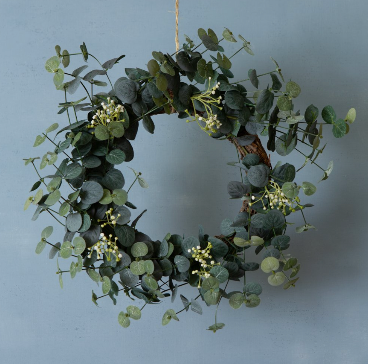 Green leaf wreath hanging against a light blue background