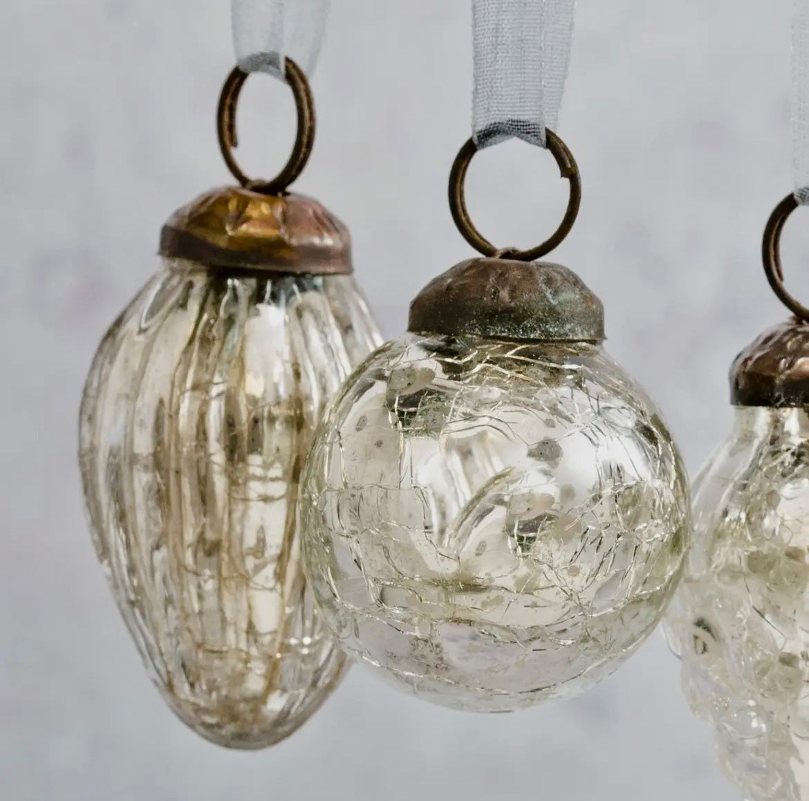 Set of 6 Silver Crackle Glass Baubles
