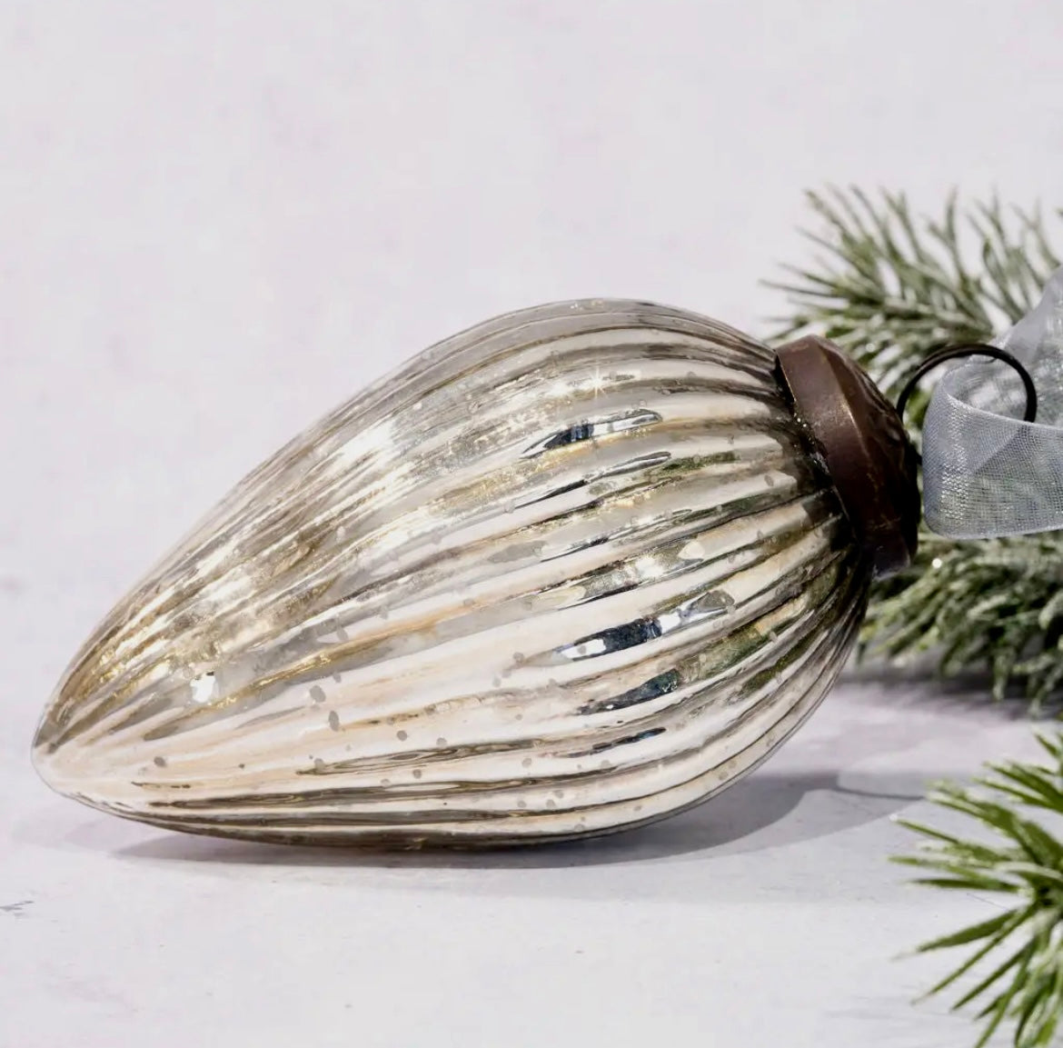 4" Extra Large Silver Ribbed Glass Pinecone