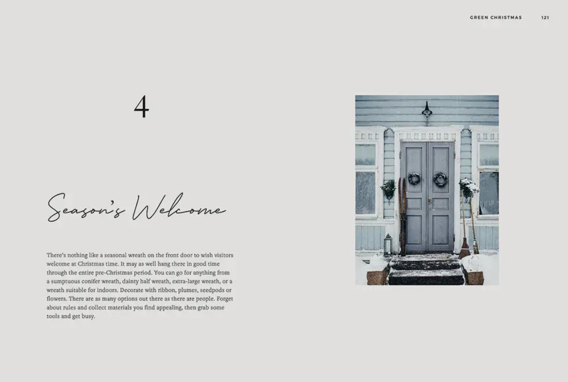 Advertisement for Christmas decorations with a door and wreaths on a gray background