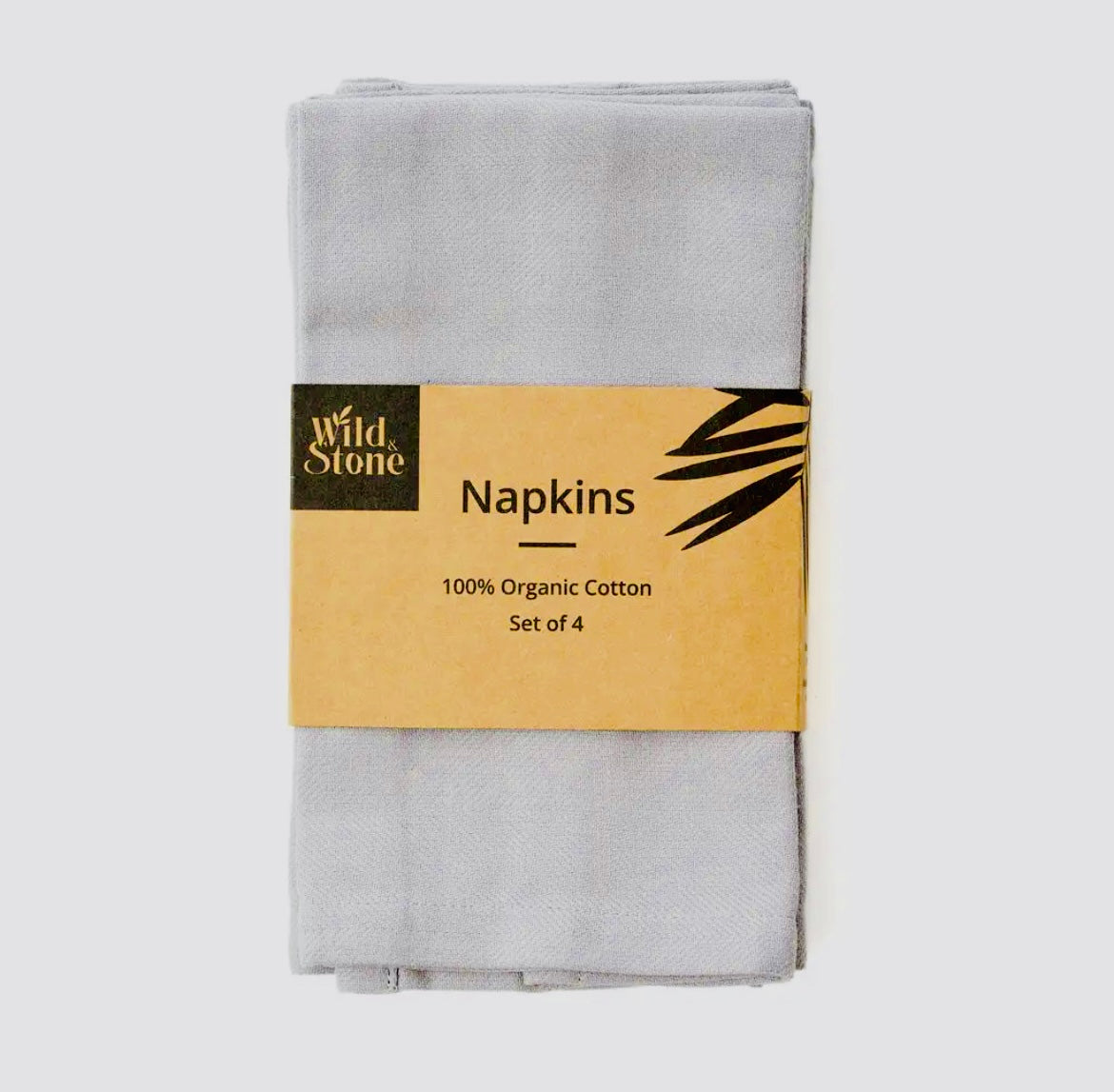 Packaged set of gray napkins with a 'Wild Stone' label on a white background