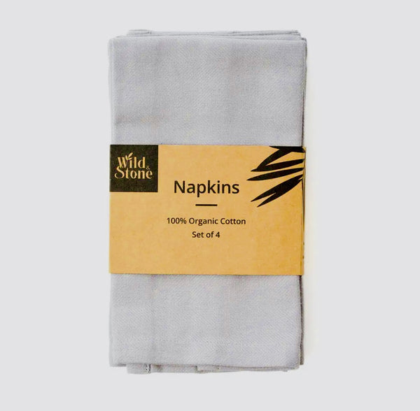 Packaged set of gray napkins with a 'Wild Stone' label on a white background