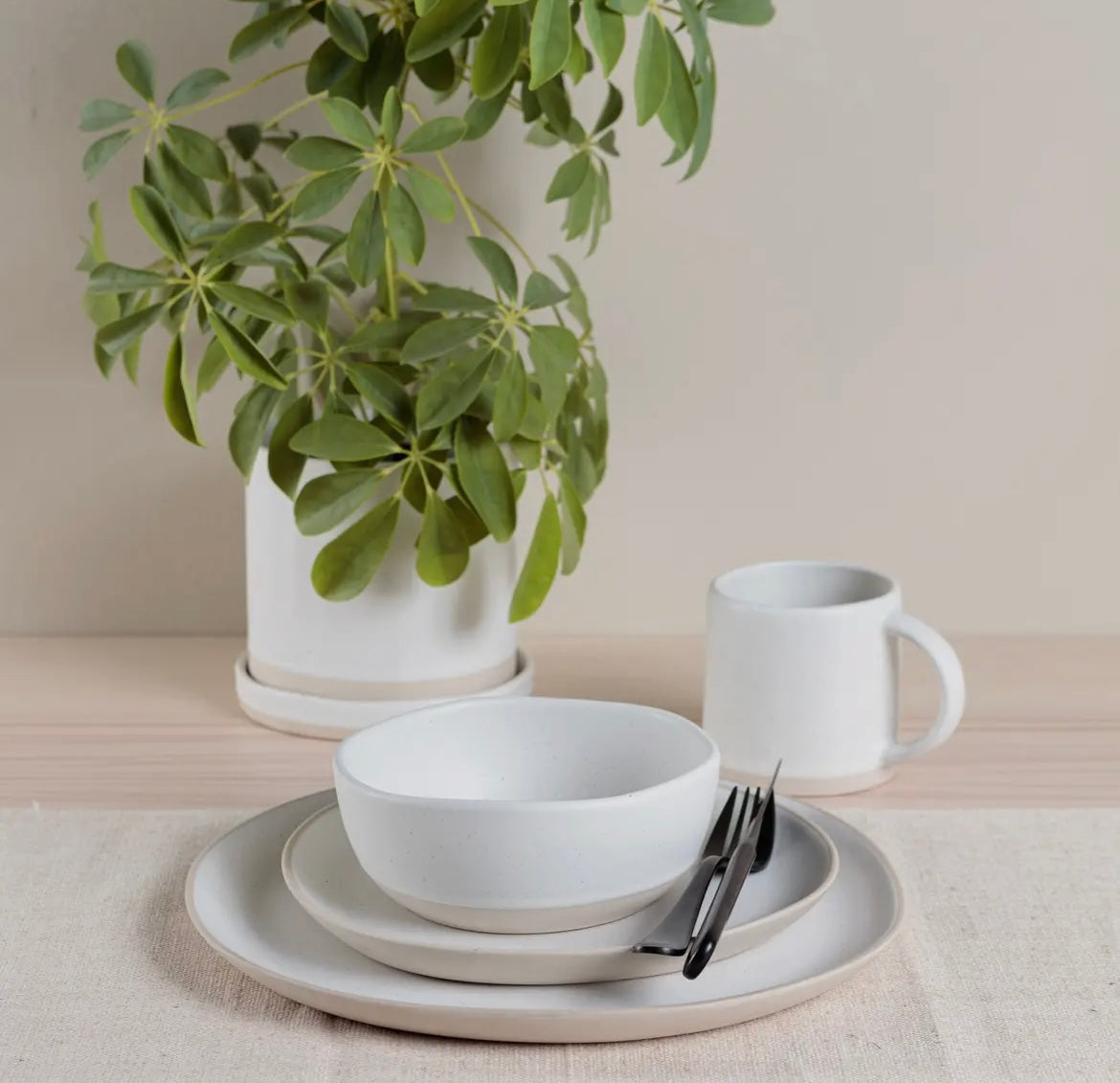 White ceramic tableware set with a Organics Dinner Plate