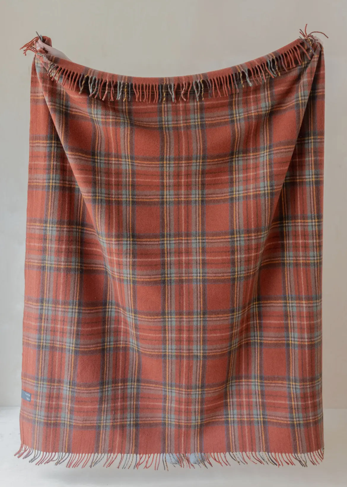 Plaid blanket with frayed edges draped over a surface