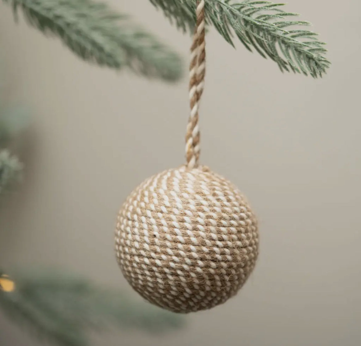 Woven ball ornament hanging from a branch with a plain background