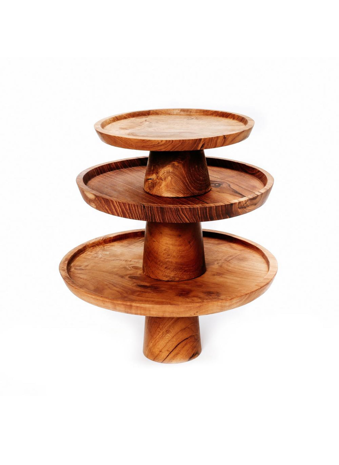 Wooden three-tiered serving tray on a white background