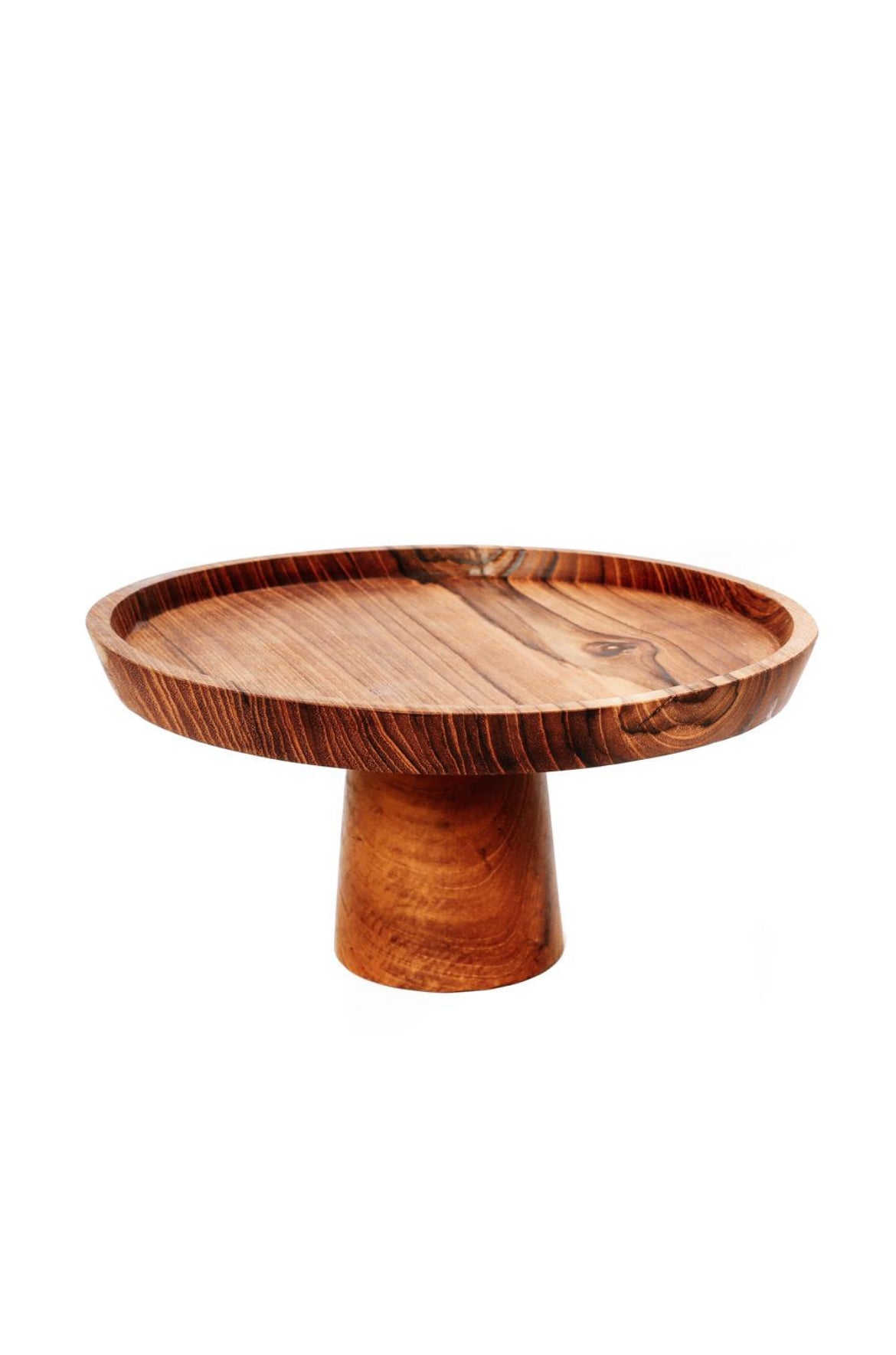 Wooden serving tray with pedestal base on a white background