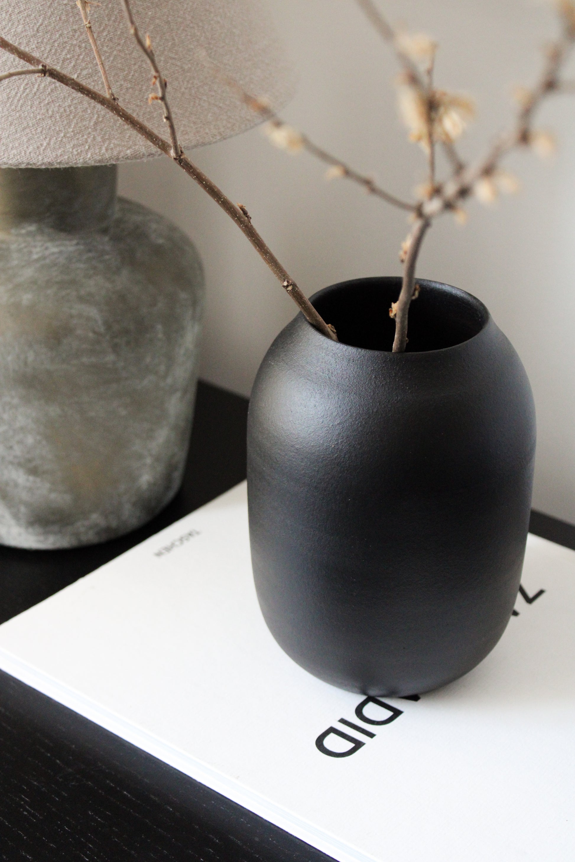 Black vase with branches on a white surface