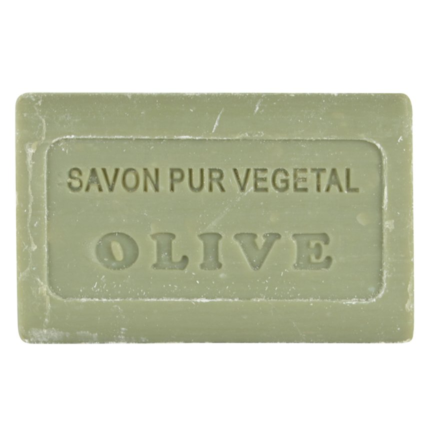Bar of olive soap with 'Savon Pur Vegetal Olive' text on a white background